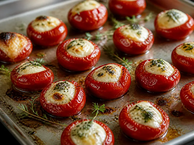 Cherry bomb peppers stuffed with cheese and roasted on a baking tray