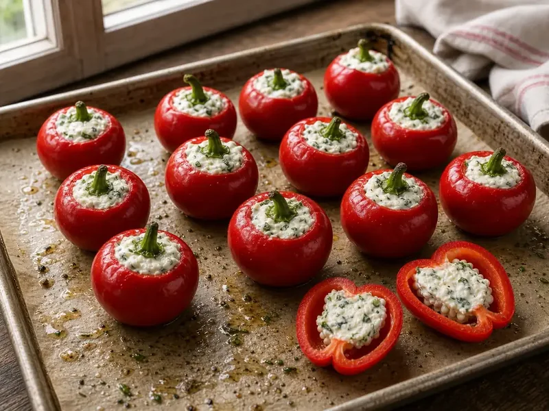 Uncooked round Cherry Bomb peppers filled for a stuffed-pepper dish