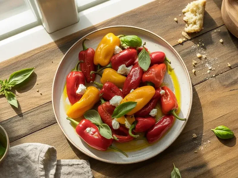 Round red cherry peppers with sliced pods, seeds, and a coin for scale