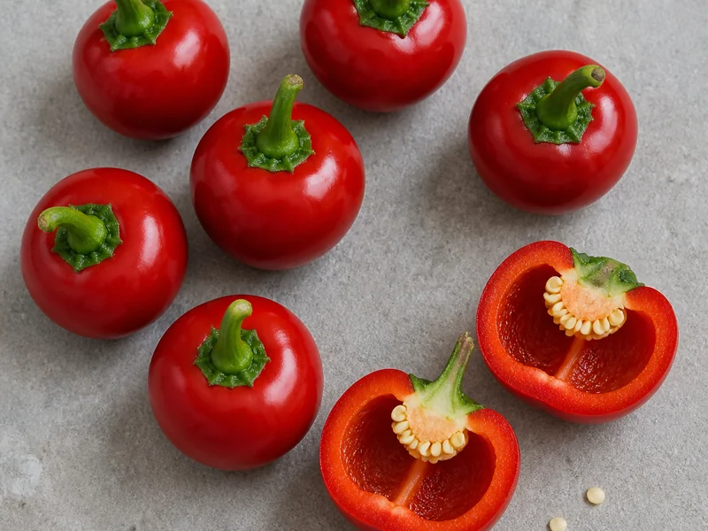 Round red cherry peppers about an inch and a half across, with two halved to show the thick walls and hollow interior that suit stuffing