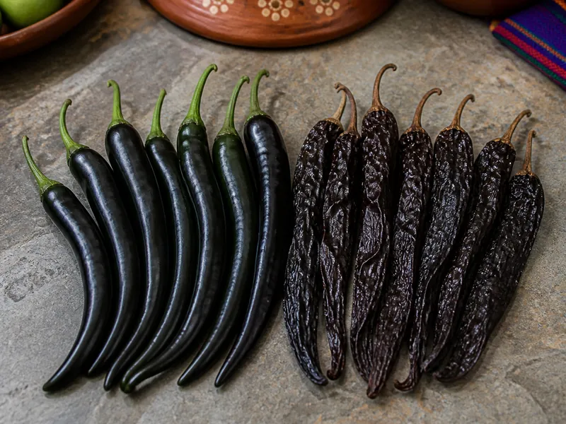 Long dark curved chilaca peppers fresh beside the flat wrinkled pasilla pods they dry into