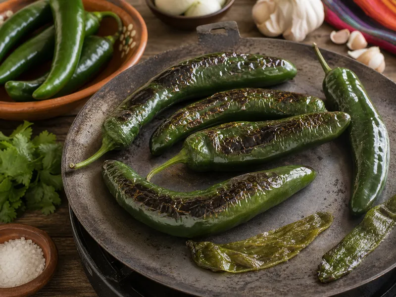 Long green Chilaca peppers blistering on a hot comal