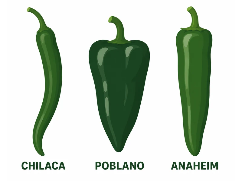 Shape comparison of three green chiles: chilaca long and narrow, poblano broad and heart-shaped, anaheim long and straight