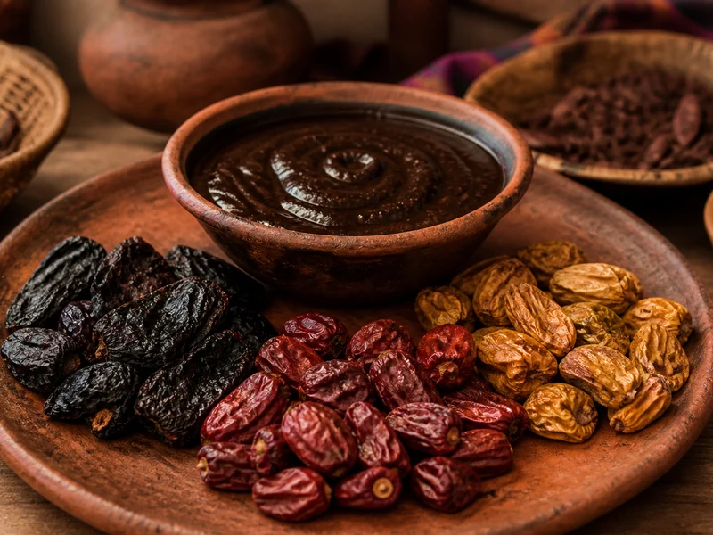 Small squat dried chilhuacle pods in black, red and yellow beside a bowl of dark mole