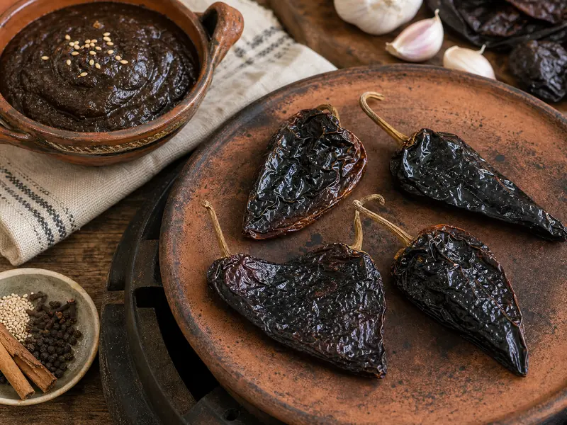 Dried Chilhuacle chiles toasted for Oaxacan mole