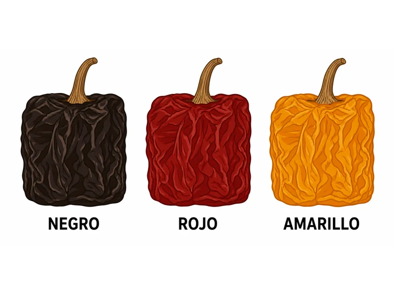 The three chilhuacle types side by side, negro darkest, rojo red, amarillo yellow orange
