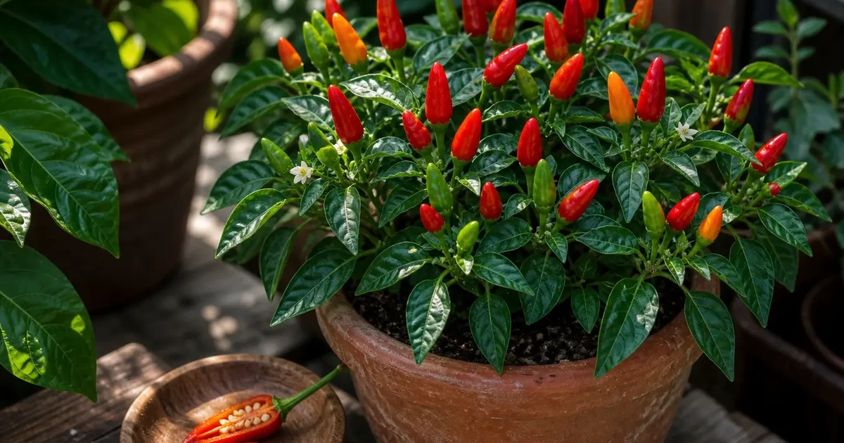 Chilly Chili ornamental peppers on a patio plant with upright red pods and one sliced pepper