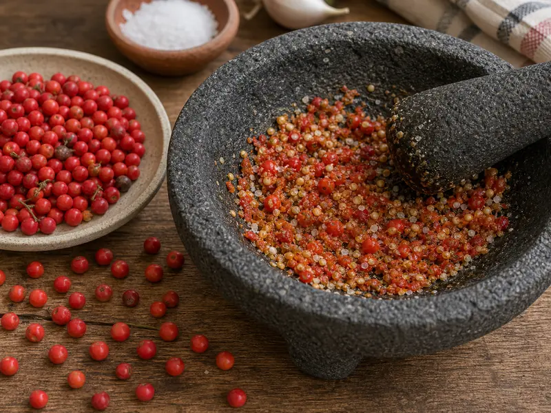 Ripe red chiltepin peppers being crushed with salt in a dark stone molcajete