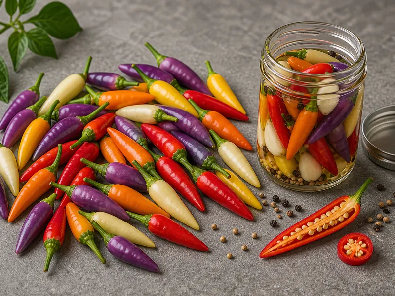 Multicolor Chinese 5 Color peppers beside a brine jar and sliced pod
