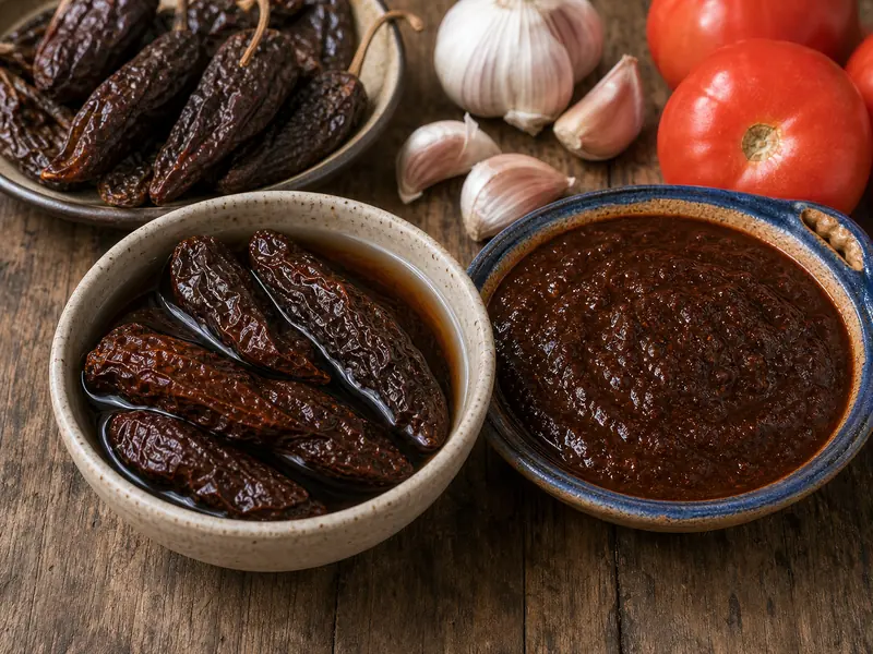 Smoked chipotle chiles soaking beside dark adobo sauce