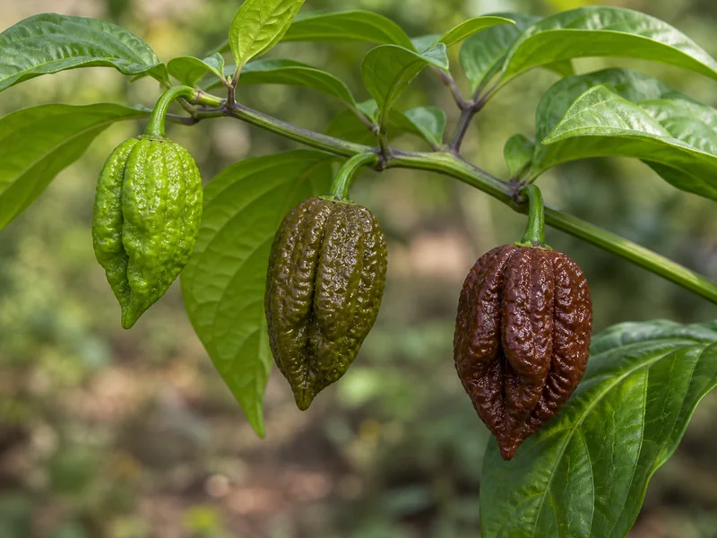 Green, olive-brown, and fully brown Chocolate Bhutlah pods ripening on one branch