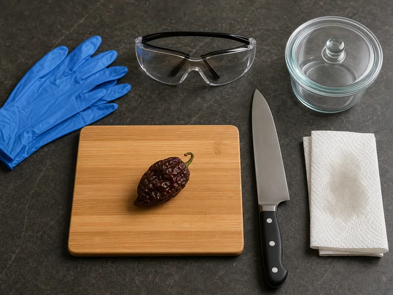 Gloves, safety glasses, knife, and lidded container arranged before cutting a Chocolate Bhutlah