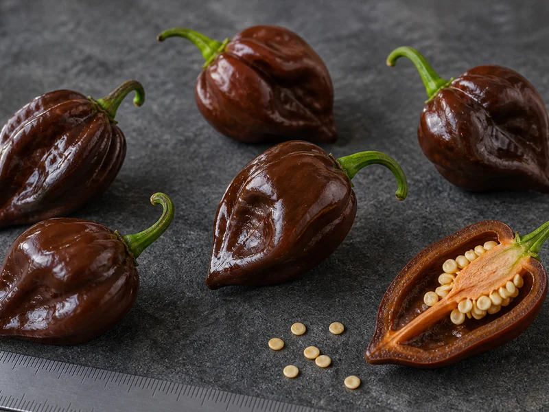 Chocolate Chocolate Habanero peppers with one sliced pod and handling gloves