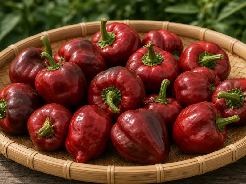 Red round Choricero Pepper peppers with one sliced pod
