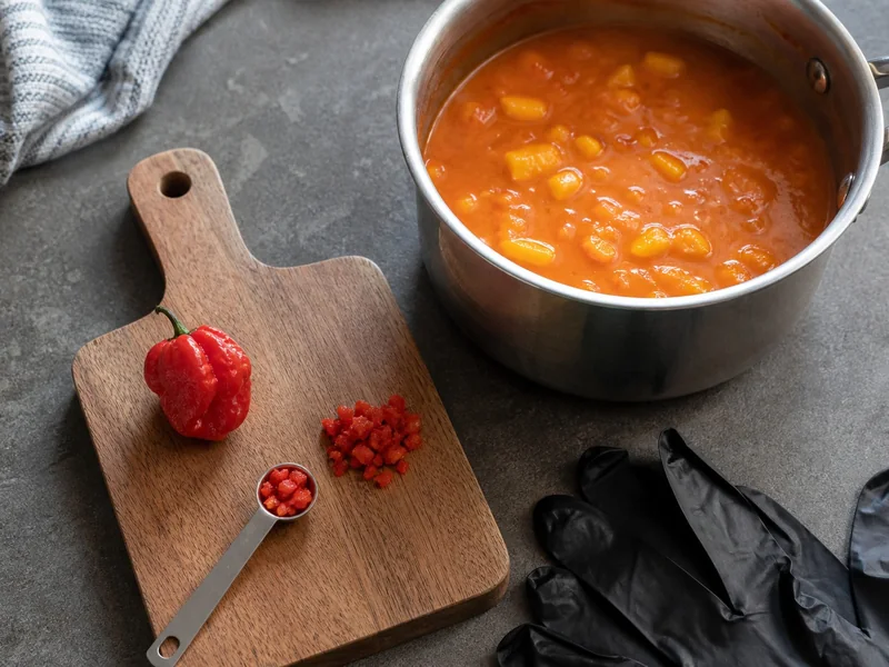 Measured minced Congo Trinidad pepper beside mango sauce and protective gloves