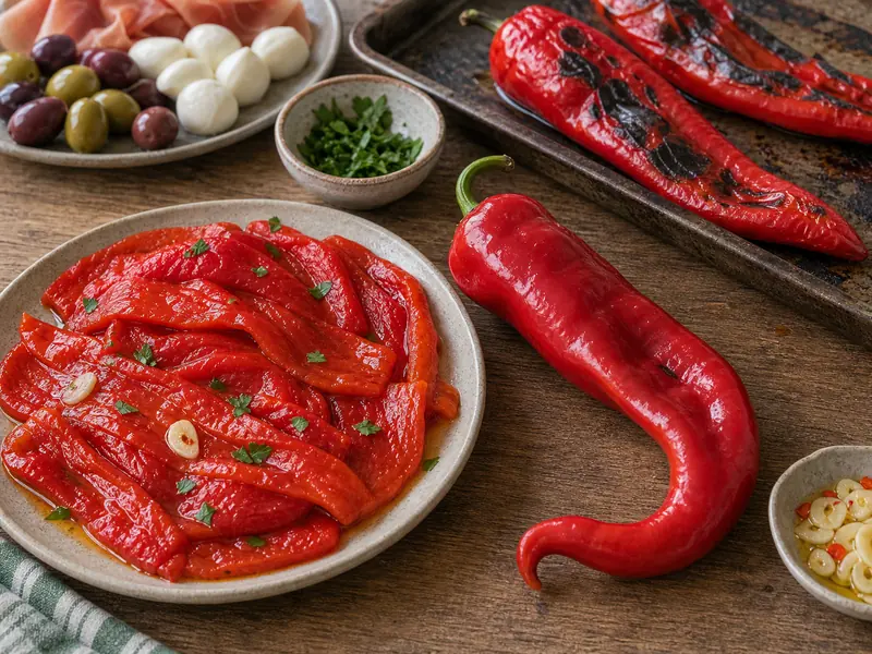 Roasted Corno di Toro peppers prepared for antipasto