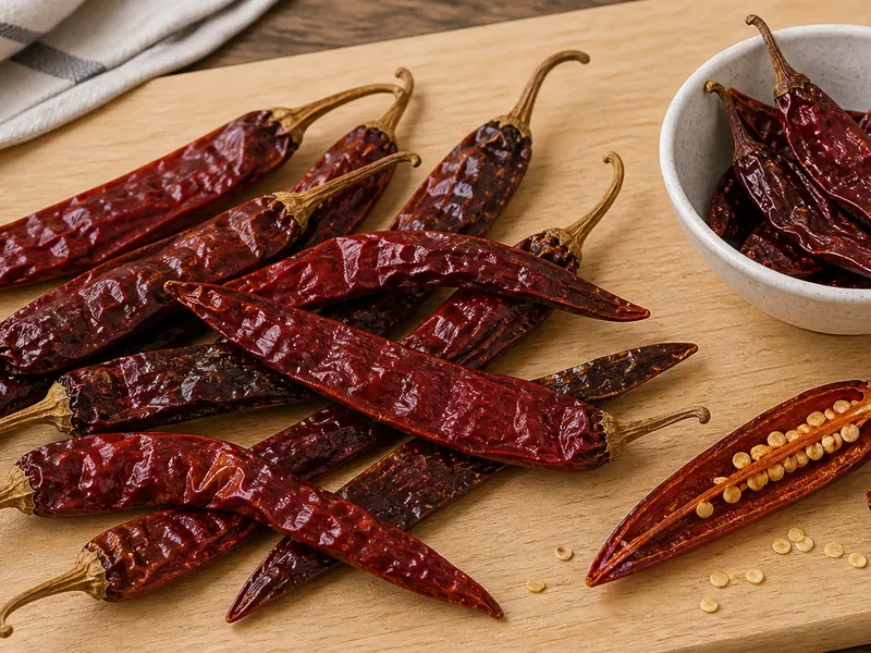 Red elongated Costeño Pepper peppers with one sliced pod
