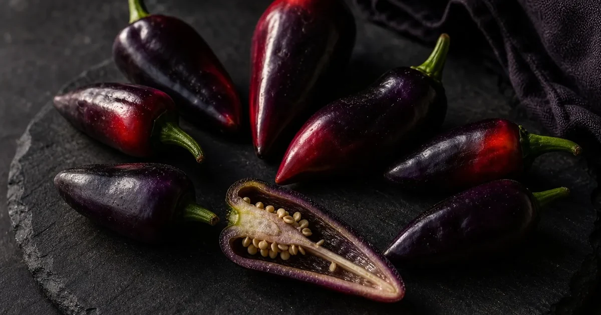Count Dracula peppers with dark purple skin and one sliced pod showing seeds