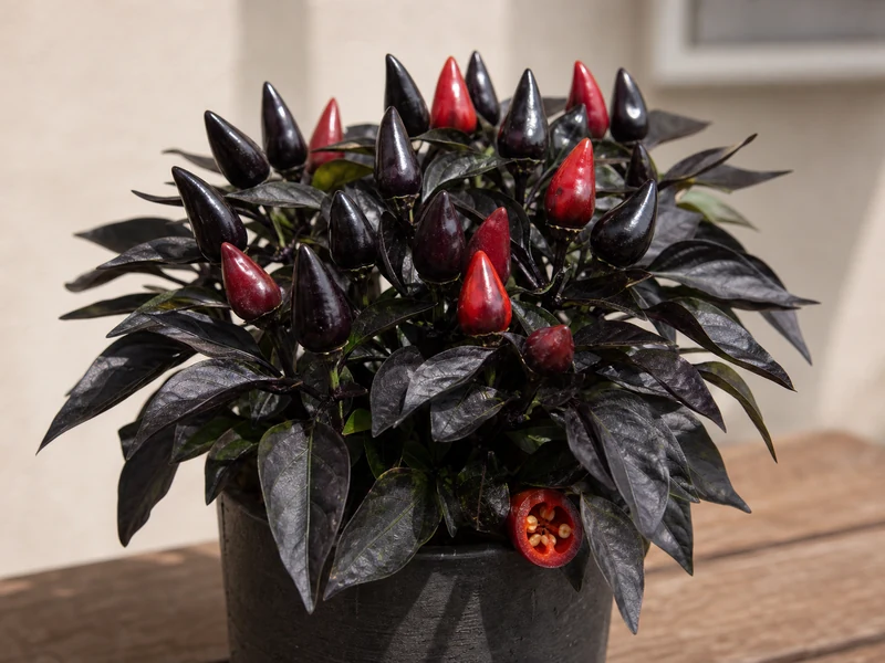 Count Dracula pepper plant with dark foliage and black-purple pods