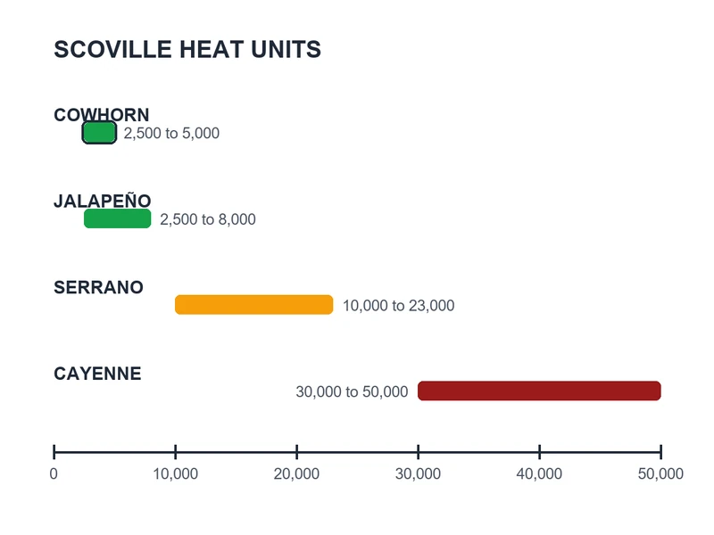 Heat scale placing cowhorn at 2,500 to 5,000 SHU far below cayenne at 30,000 to 50,000 despite the shared name