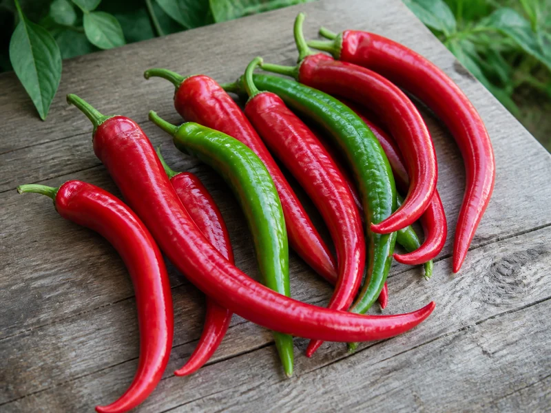 Long curved cowhorn peppers showing the bovine horn shape, fresh red and green on a board