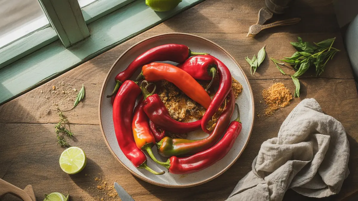 Fresh Cowhorn Pepper peppers showing color, shape and texture