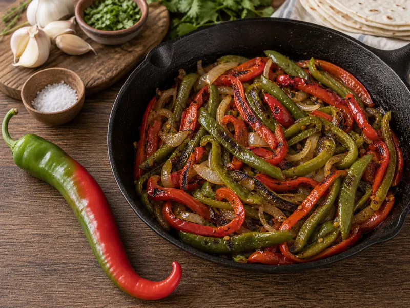 Cowhorn peppers roasted and sliced for cooking