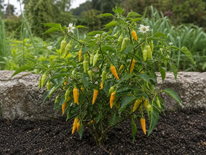 Compact Criolla Sella plant with green and golden pendant pods and white flowers