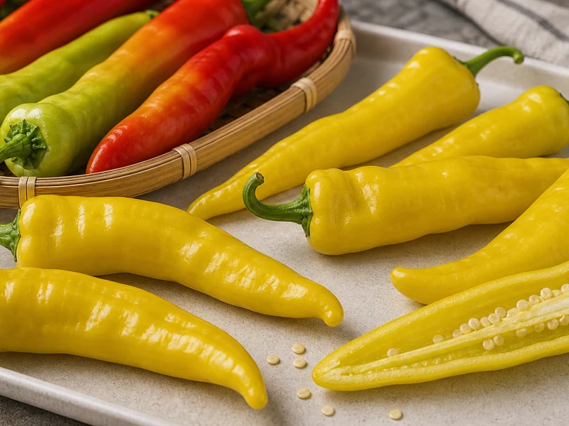 Yellow Cubanelle Pepper peppers with one sliced pod showing elongated shape