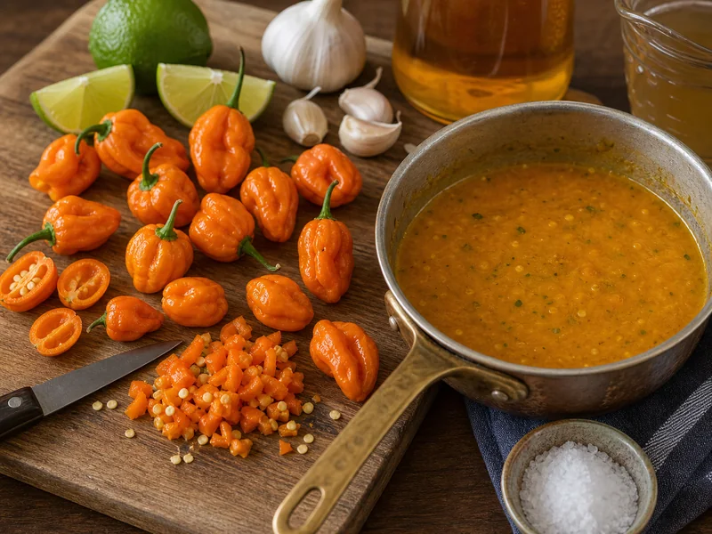 Datil peppers cooked into golden hot sauce