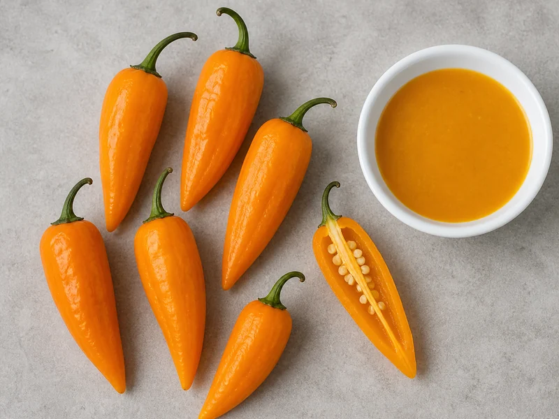 Tapered golden-amber datil pods about three inches long, one halved to show the seeds, beside a dish of the golden sauce made from them