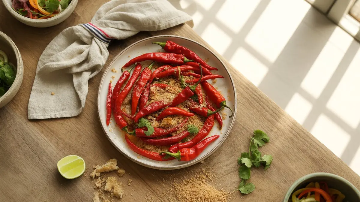 Fresh De Arbol peppers showing color, shape and texture