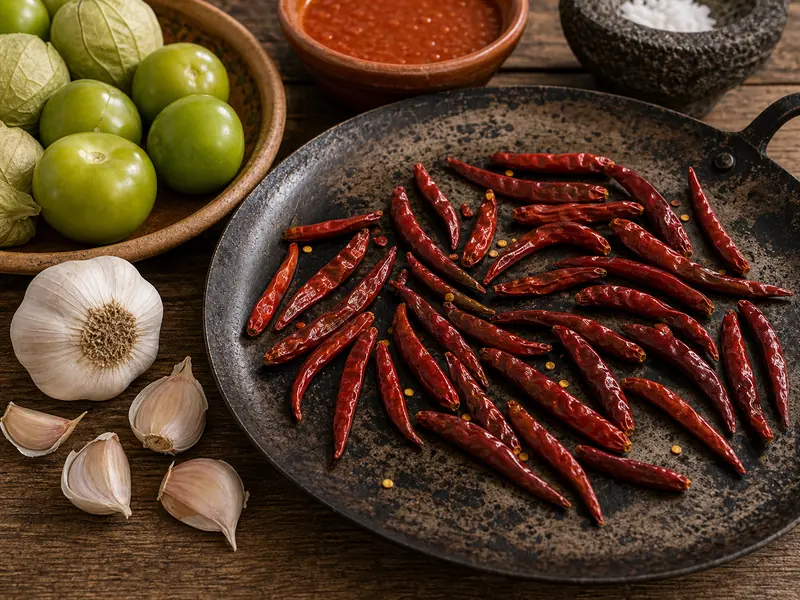Dried chile de arbol toasted for salsa roja