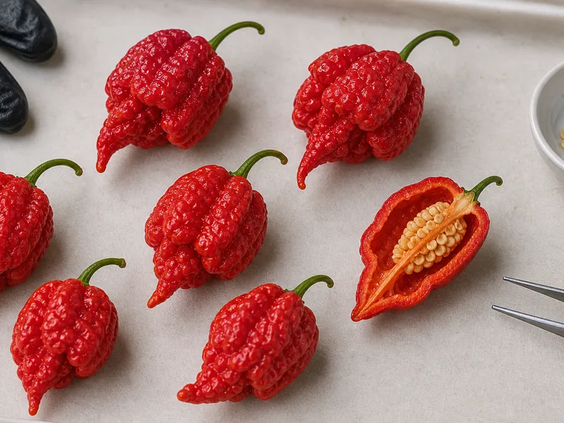 Red Dorset Naga peppers with one sliced pod and handling gloves