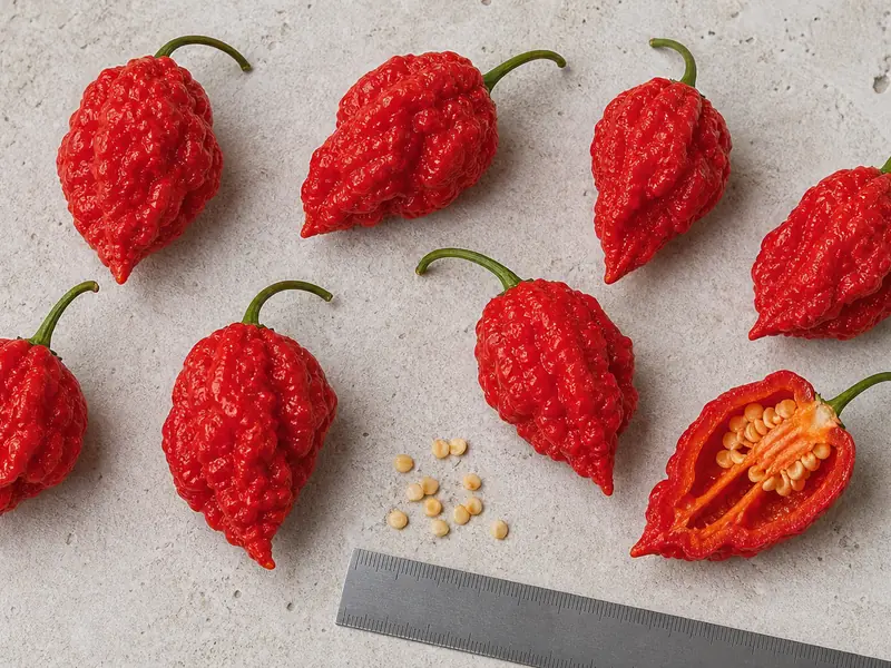 Red Dragon's Breath peppers with one sliced pod and handling gloves