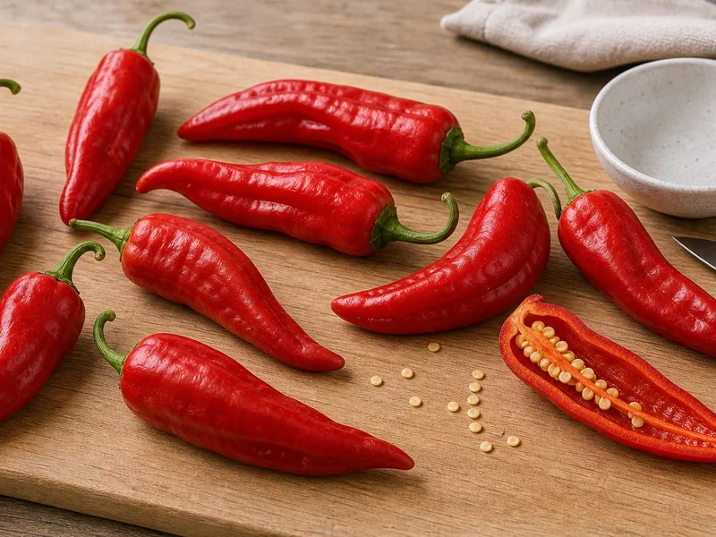 Red elongated Dundicut Pepper peppers with one sliced pod