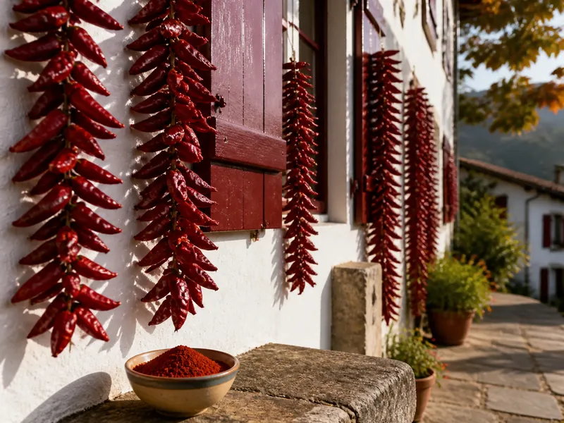 Strings of Espelette peppers drying on a whitewashed Basque wall with red shutters, and a bowl of the ground powder