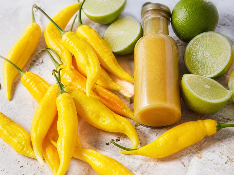 Bright yellow Fatalii pods with long tapering tips beside halved limes and a bottle of pale yellow hot sauce