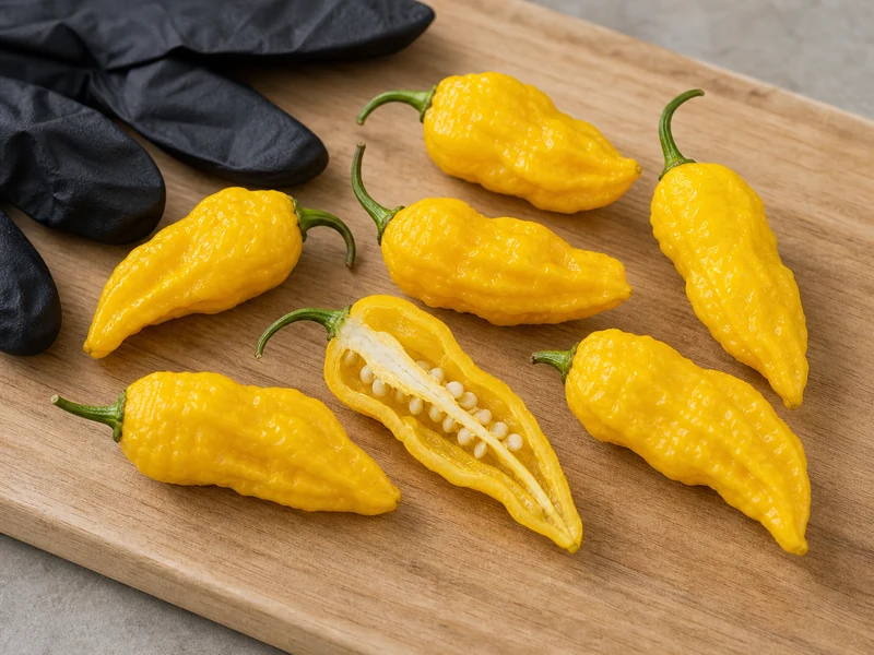 Cut yellow Fatalii pepper showing pale placenta and seeds beside black gloves