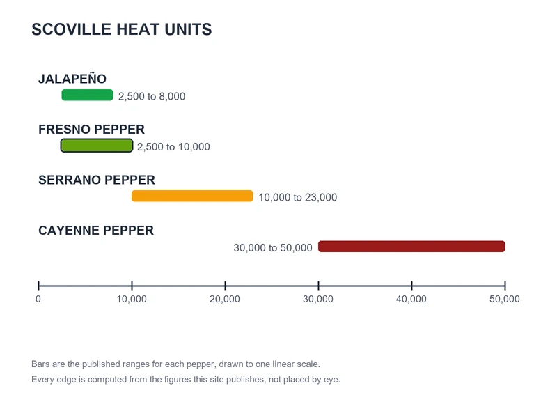 Scoville chart of published ranges: Jalapeño 2,500 to 8,000, Fresno Pepper 2,500 to 10,000, Serrano Pepper 10,000 to 23,000, Cayenne Pepper 30,000 to 50,000