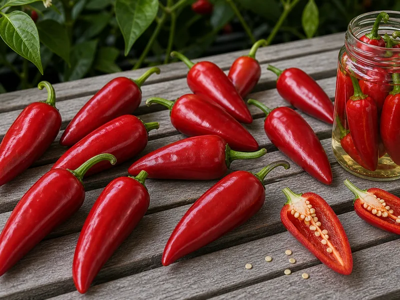 Red Fresno Pepper peppers with one sliced pod showing conical shape