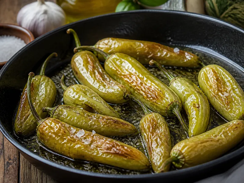 Whole pale green friggitelli blistering in shallow hot olive oil, skins puffed and browned, with sea salt scattered over