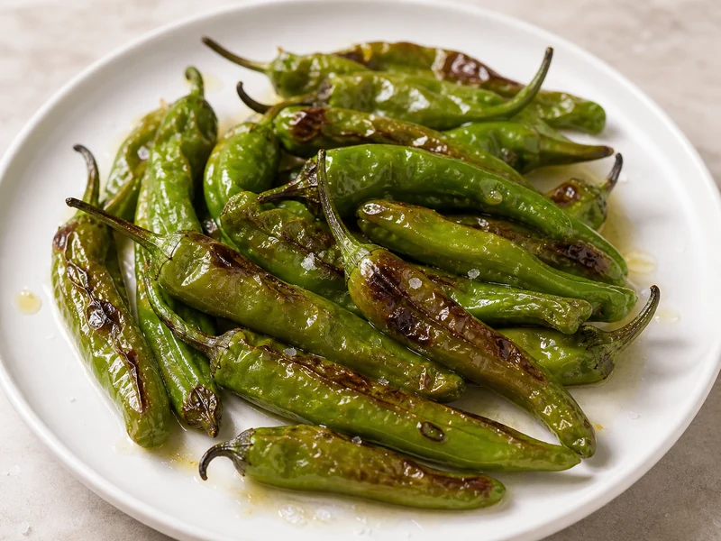 Pan-fried friggitello peppers on a plate with olive oil and sea salt