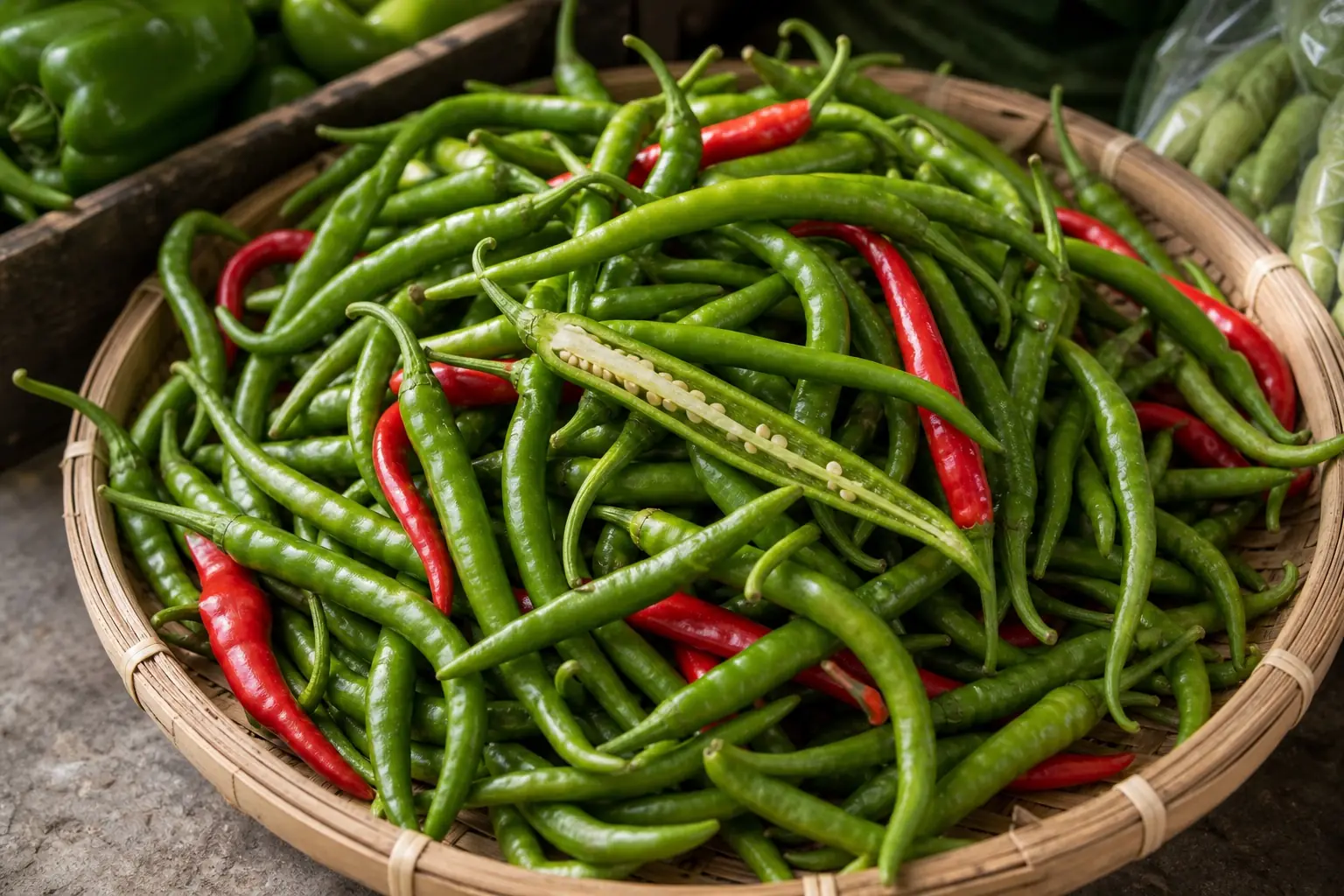 Long slender Fushimi peppers in a market tray with one sliced pepper showing a narrow seed cavity