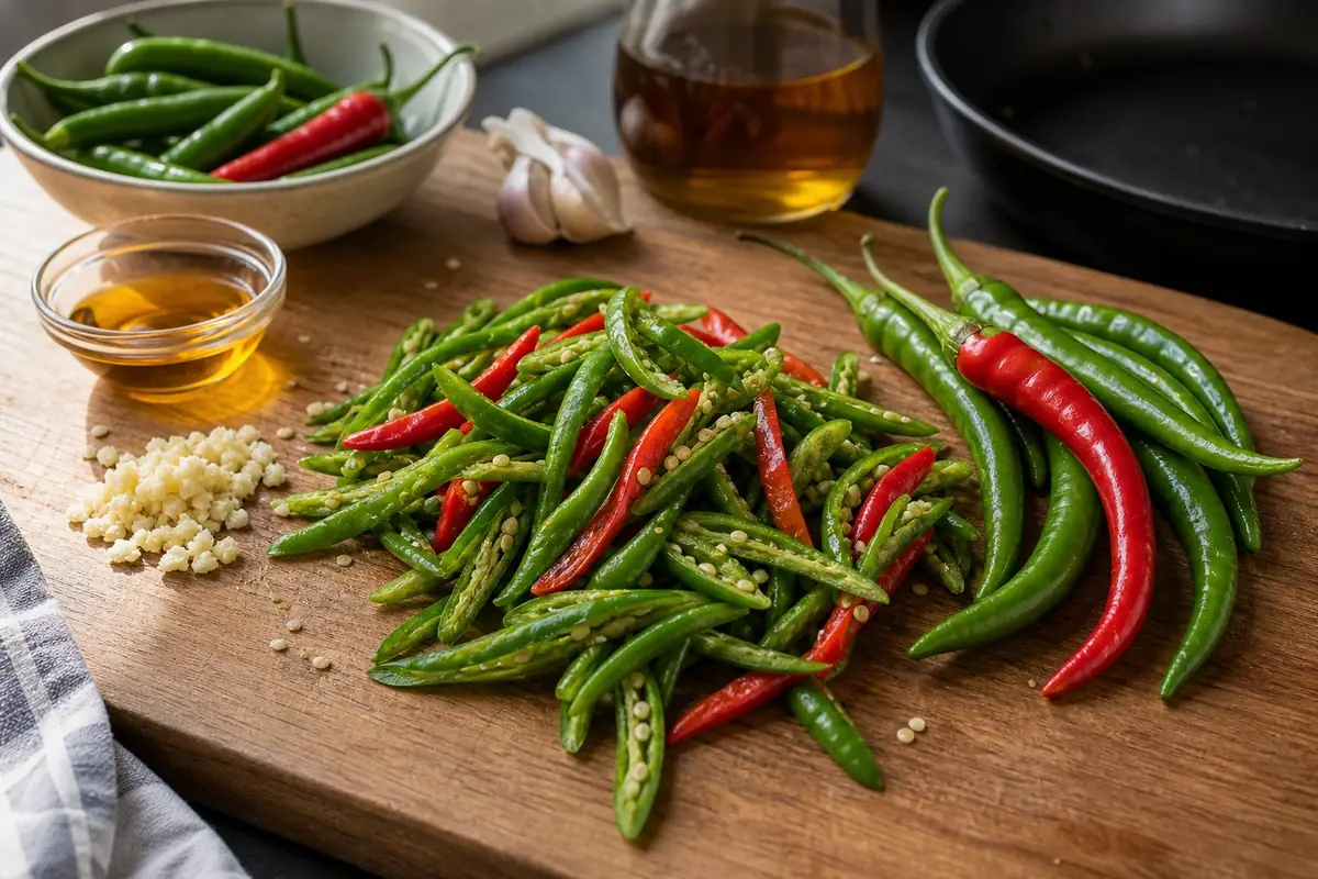 Long slender green Fushimi pods, whole and stir-fried with a few red ones, beside garlic and oil