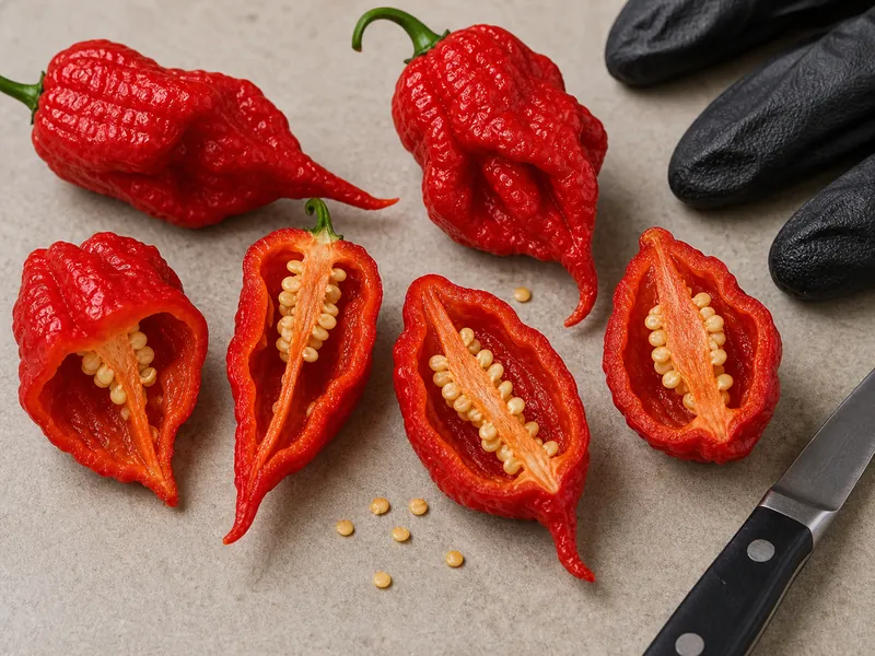 Cut red ghost peppers showing pale placenta and seeds beside gloves
