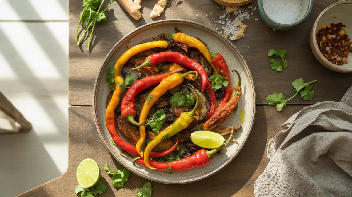 Fresh Goat Horn Pepper peppers showing color, shape and texture