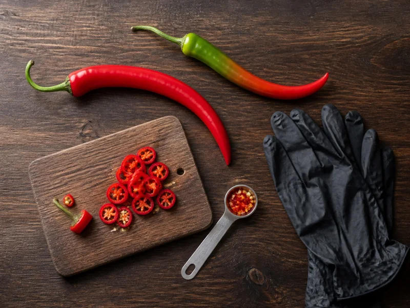 Hot curved Goat Horn peppers, sliced rings, a measuring spoon, and protective gloves