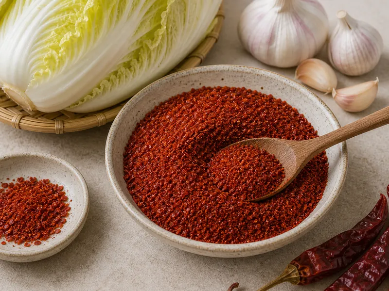 Korean gochugaru flakes in a bowl beside napa cabbage and garlic