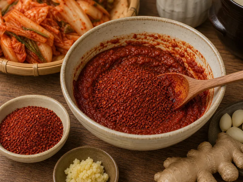 Coarse gochugaru flakes mixed into kimchi paste